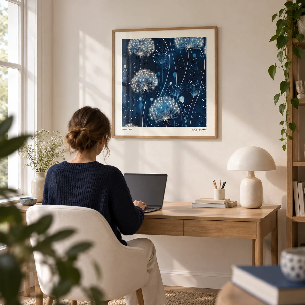 Blue Art Work, framed on the wall of a calm home office with a soft white wall