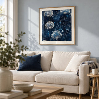 Blue Art Work, framed on the wall of a calm living room with a pale blue-grey wall and a light oak floor