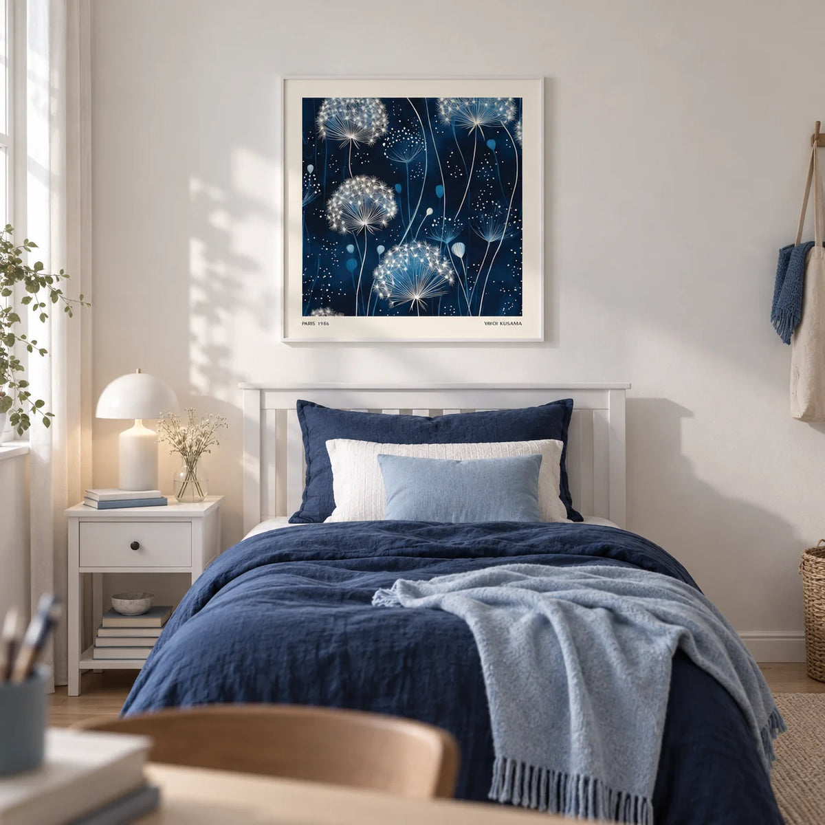 Blue Art Work, framed on the wall of a calm single bedroom for a teen girl (13-17) with a soft white wall