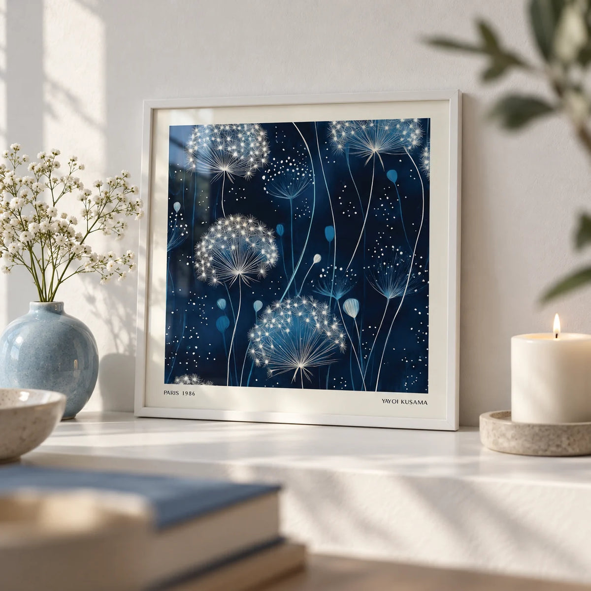 Blue Art Work, a small A4 framed print leaning on a white shelf in a living room