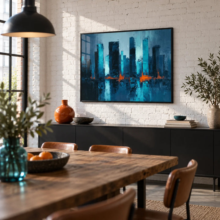 Blue Artwork City, framed on the wall of a loft dining room with a white painted brick wall