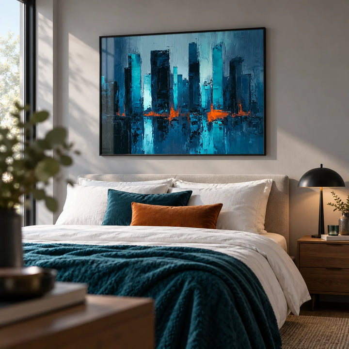Blue Artwork City, framed on the wall of a modern bedroom with a soft grey wall