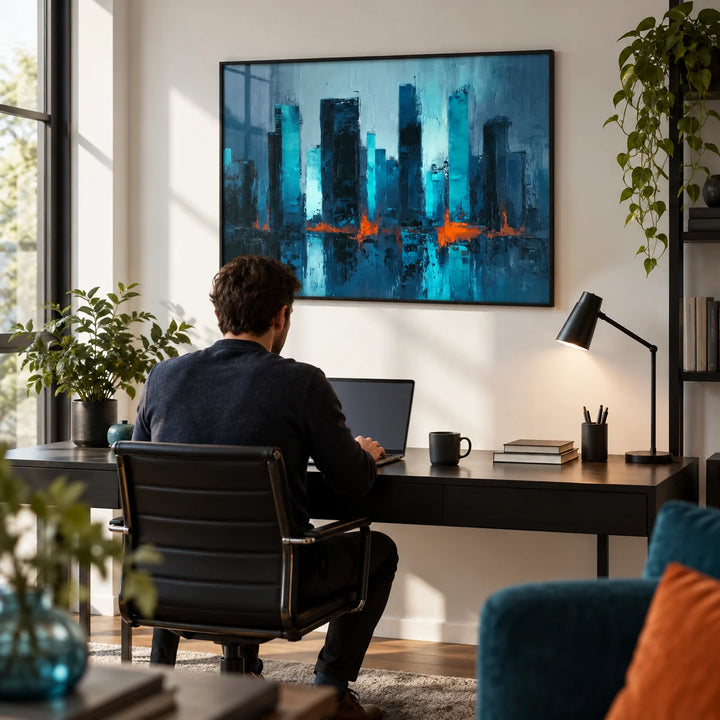Blue Artwork City, framed on the wall of a modern home office with a white wall