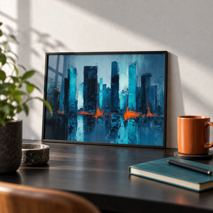 Blue Artwork City, a small A4 framed print leaning on a black desk