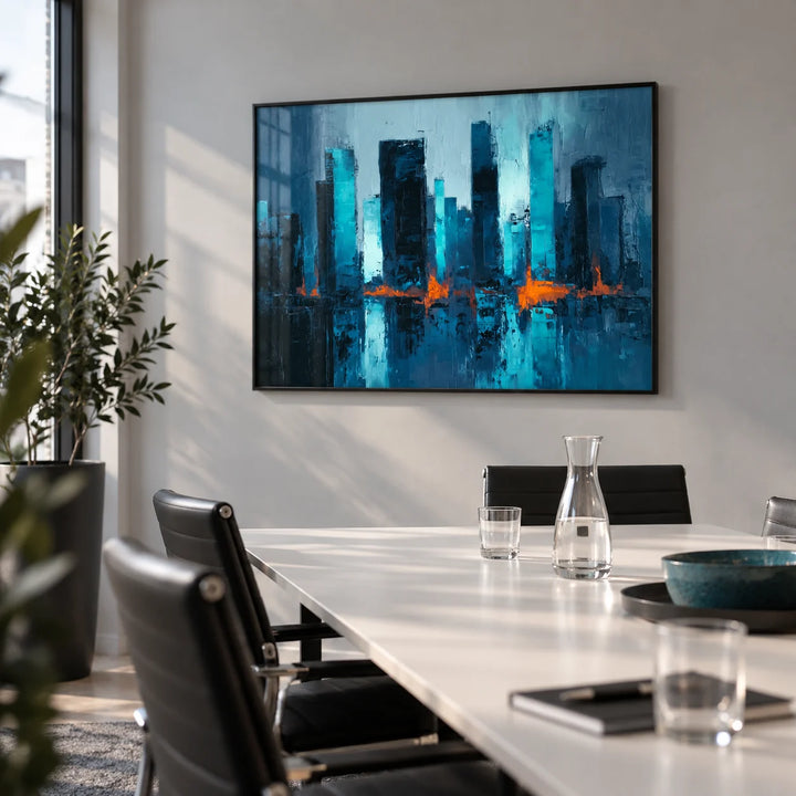 Blue Artwork City, framed on the wall of a small office meeting room with a light grey wall
