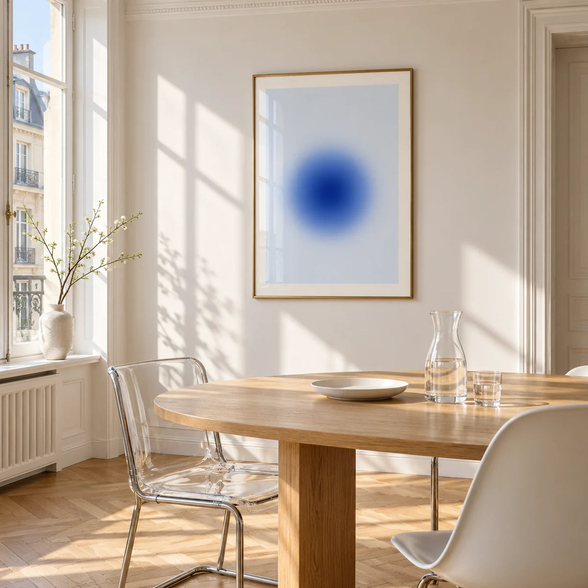 Blue Aura Poster, framed on the wall of a bright dining corner