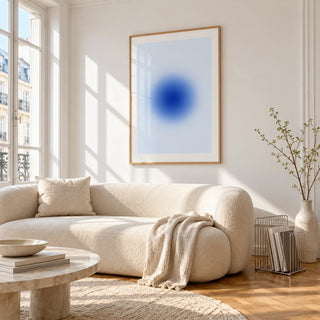 Blue Aura Poster, framed on the wall of a bright living room corner