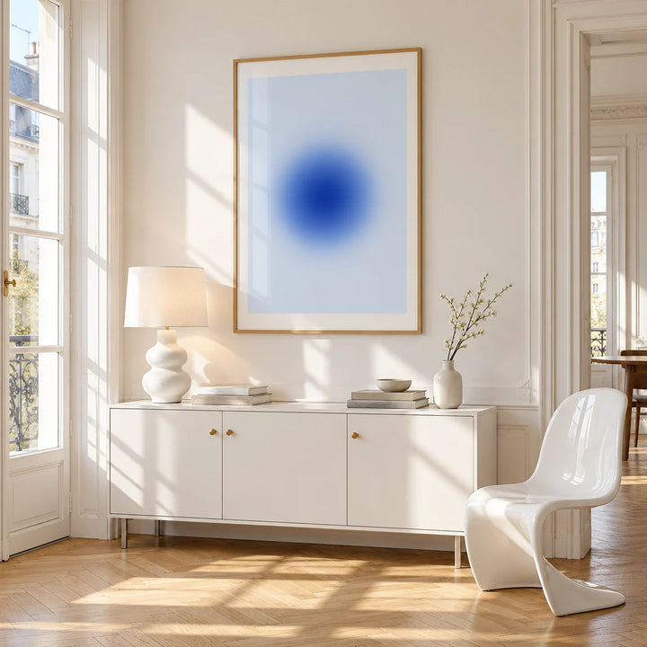 Blue Aura Poster, framed on the wall of a bright Paris style apartment in a living room