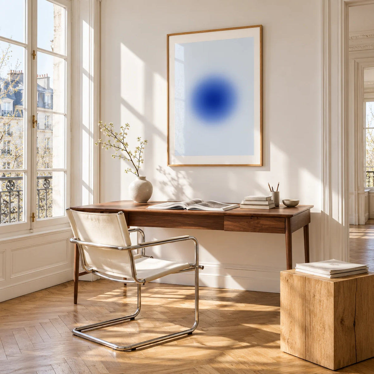 Blue Aura Poster, framed on the wall of a bright study corner with a tall white paned window