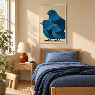 Blue Bird Art Print, framed on the wall of a bright nature-inspired single bedroom with a warm beige wall