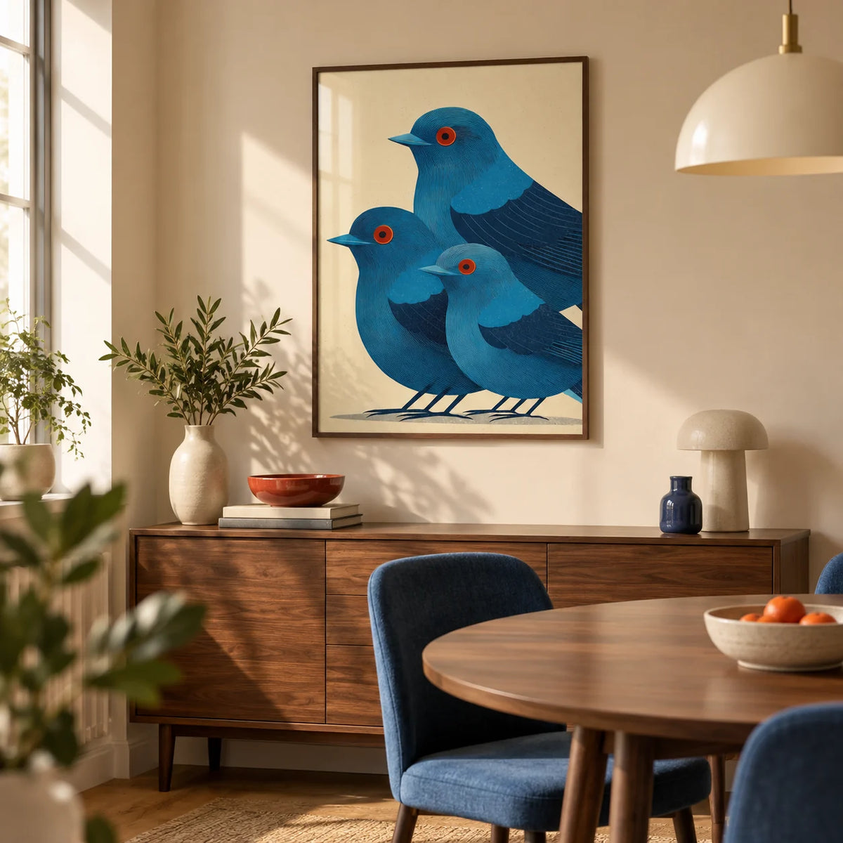 Blue Bird Art Print, framed on the wall of a compact modern dining nook in a UK flat with a warm beige wall