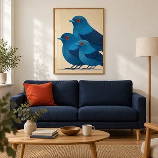 Blue Bird Art Print, framed on the wall of a modern living room in a UK terraced house with warm white walls and an oak floor