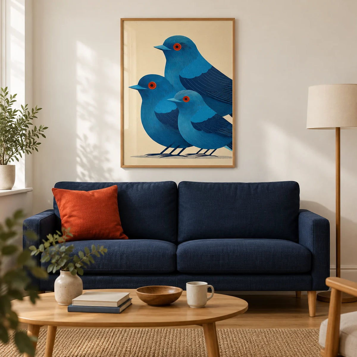 Blue Bird Art Print, framed on the wall of a modern living room in a UK terraced house with warm white walls and an oak floor