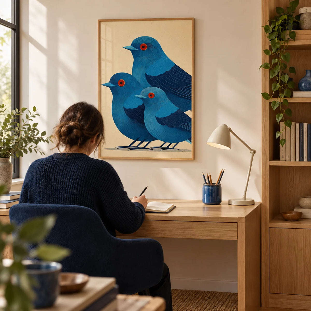 Blue Bird Art Print, framed on the wall of a quiet home study with a warm white wall and built-in oak shelving