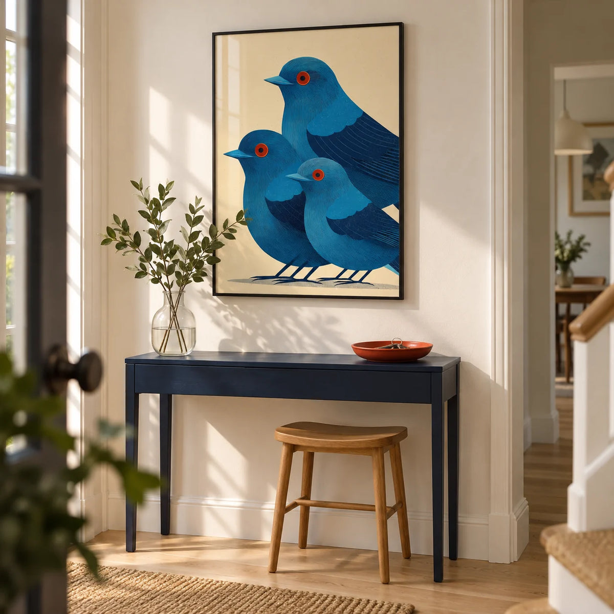 Blue Bird Art Print, framed on the wall of a welcoming hallway in a modern UK first home with cream walls and a pale oak floor