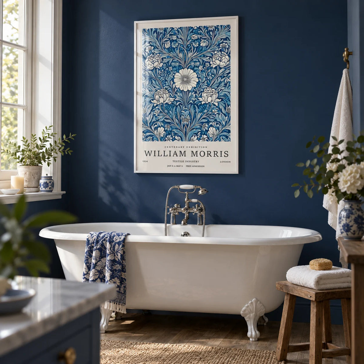 Blue Botanical Prints, framed on the wall of a calm bathroom with a navy painted wall and a white roll-top bath