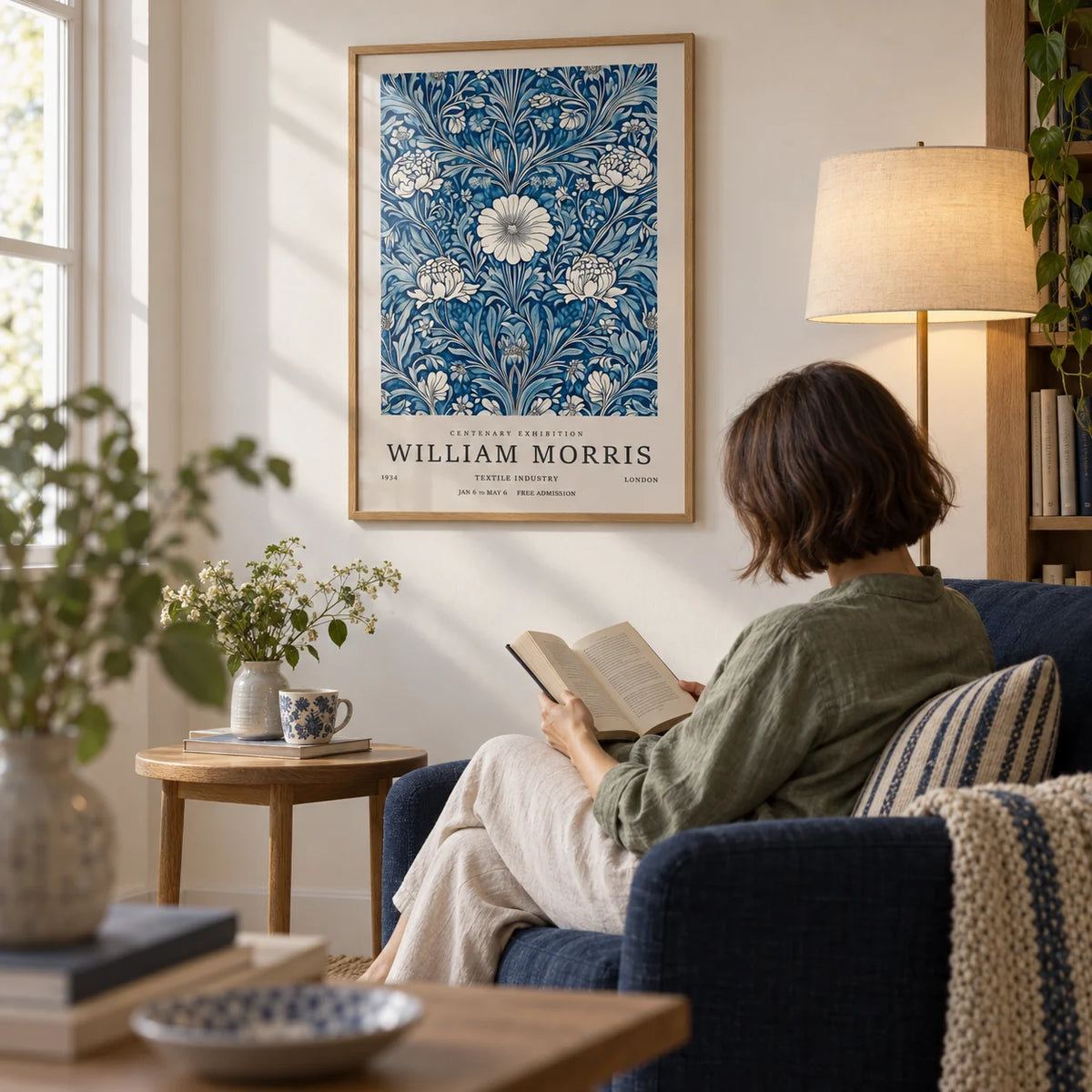 Blue Botanical Prints, framed on the wall of a quiet reading corner with a warm white wall in a living room