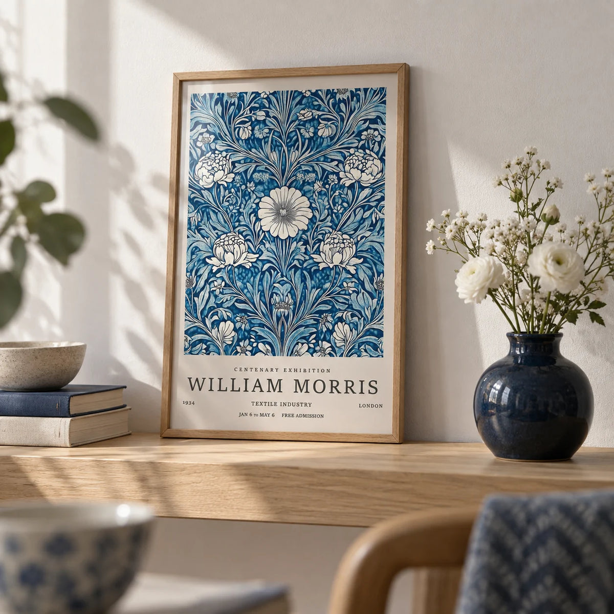 Blue Botanical Prints, a small A4 framed print leaning on a pale oak shelf in a living room