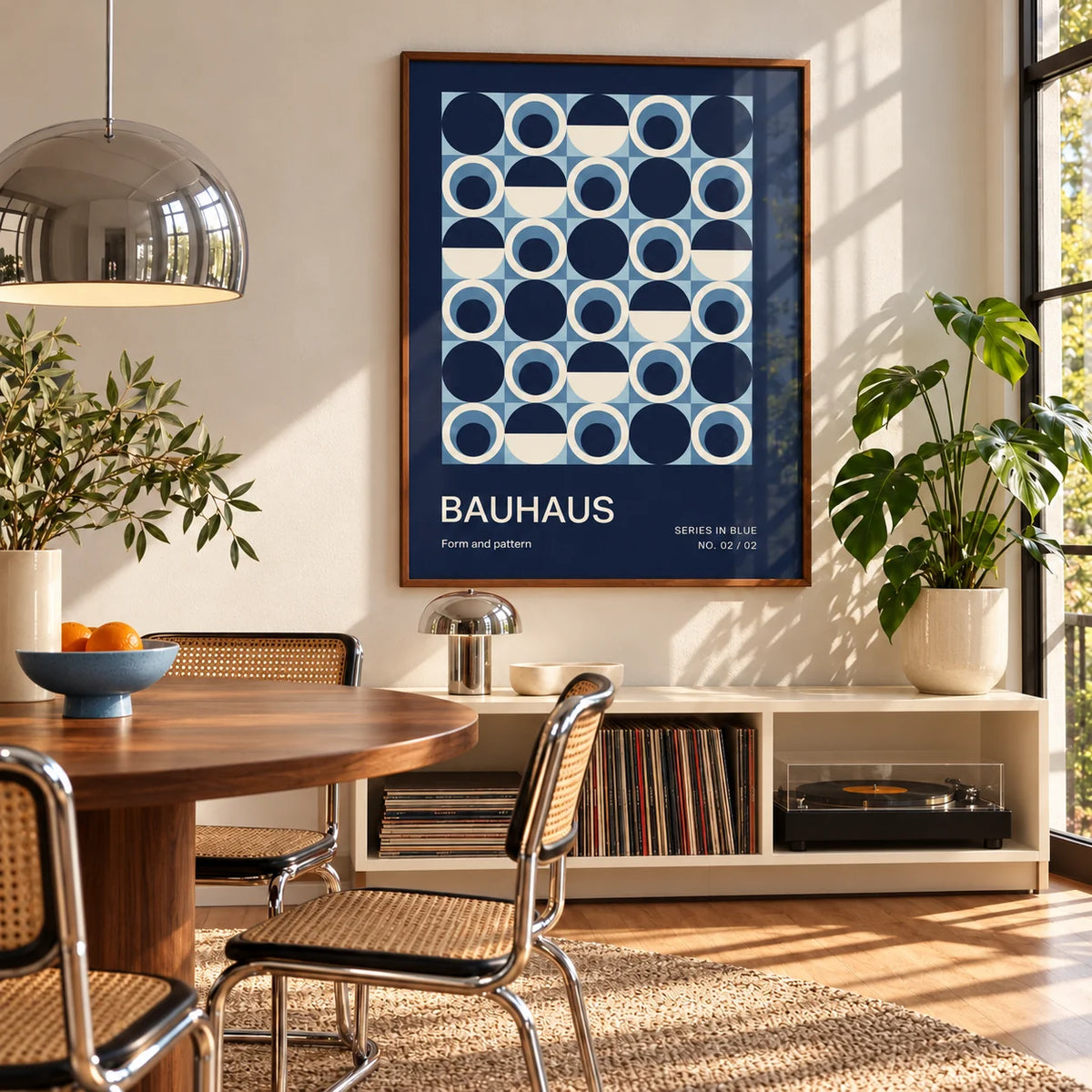 Blue Circles Wall Art, framed on the wall of a mid-century dining room with a round walnut table