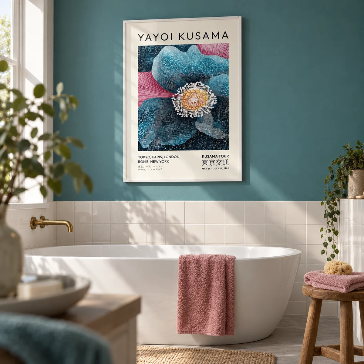 Blue Flower Artwork, framed on the wall of a calm bathroom with a teal painted wall and plain white tiles