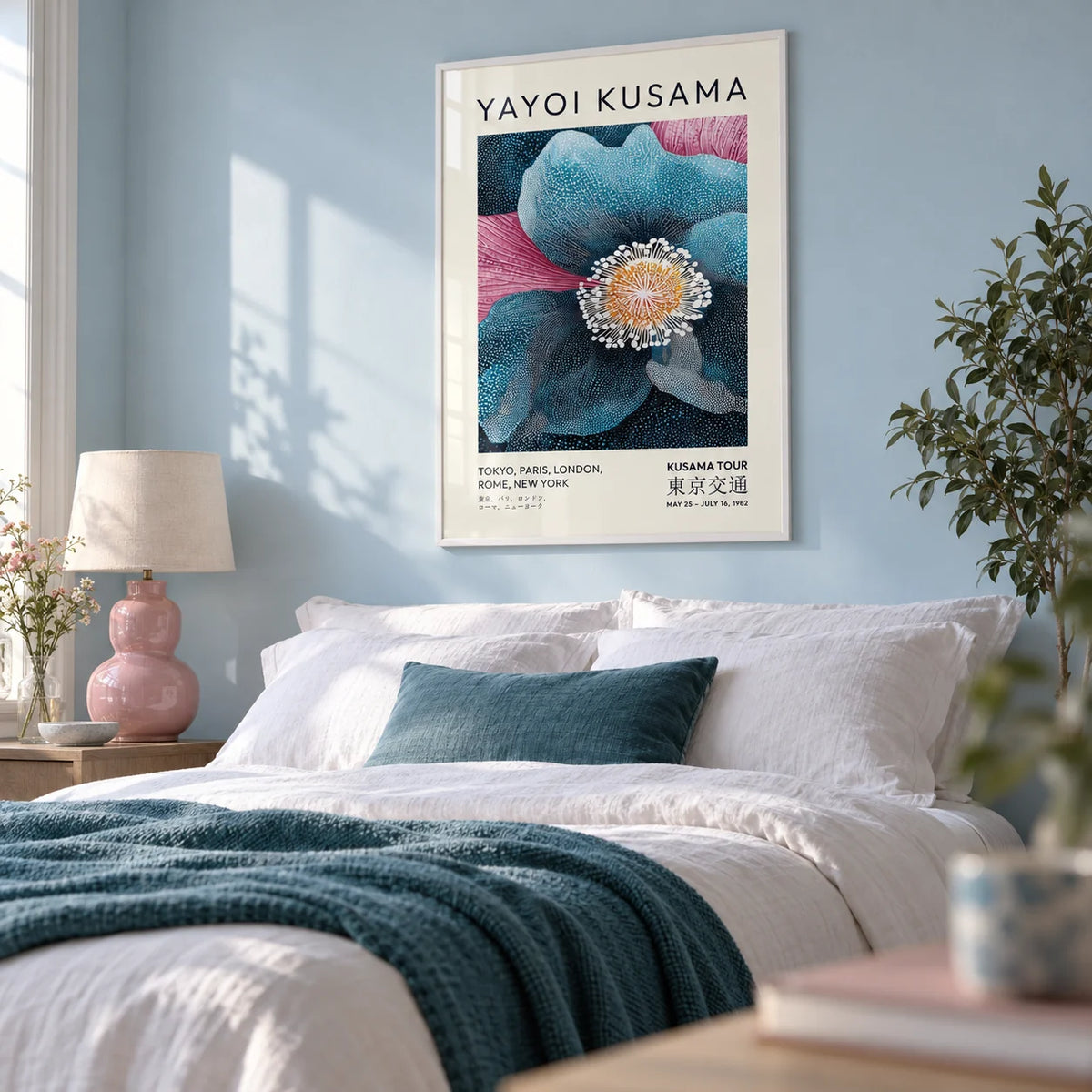 Blue Flower Artwork, framed on the wall of a calm bedroom with a pale powder blue painted wall