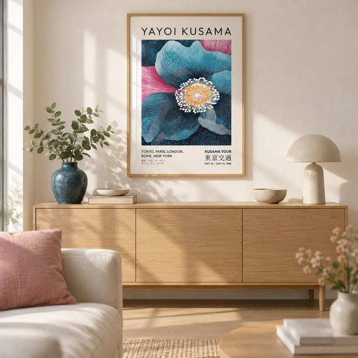 Blue Flower Artwork, framed on the wall of a calm modern living room with a warm white wall and a pale oak floor