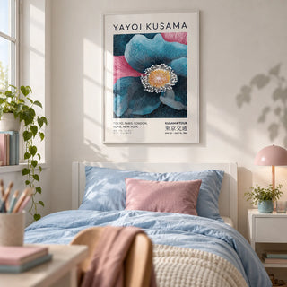 Blue Flower Artwork, framed on the wall of a calm teen girl's bedroom (13-17) with a white wall
