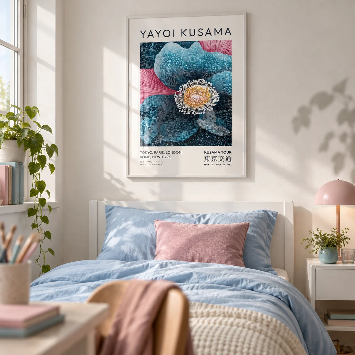 Blue Flower Artwork, framed on the wall of a calm teen girl's bedroom (13-17) with a white wall