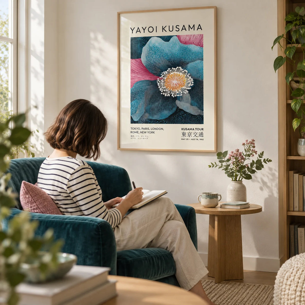 Blue Flower Artwork, framed on the wall of a quiet reading corner with a soft white wall in a living room