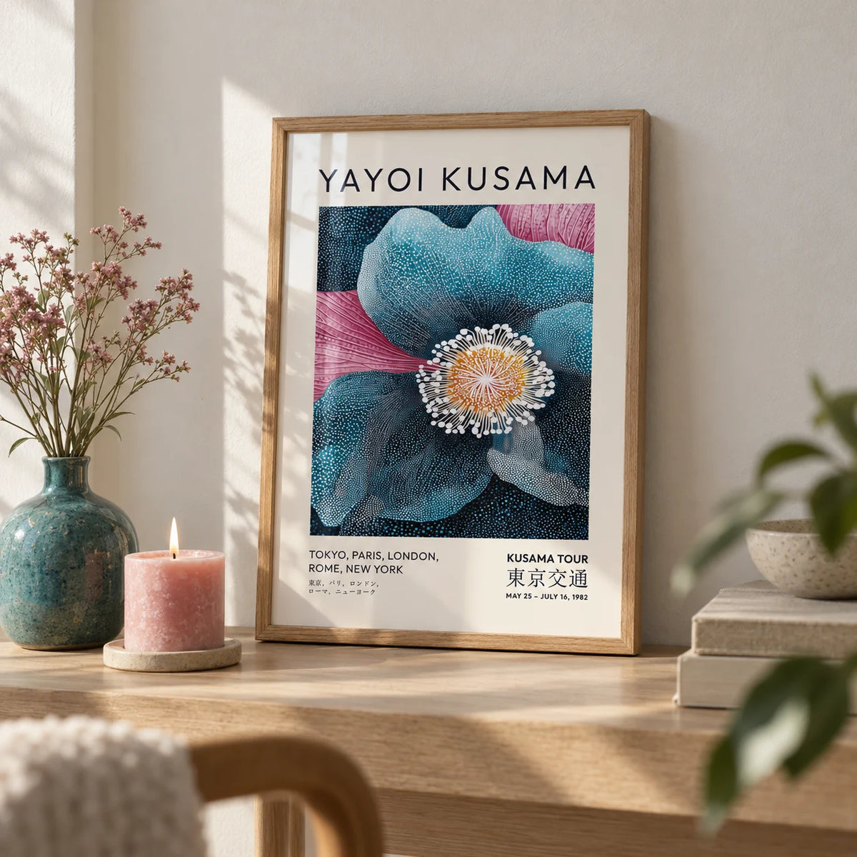Blue Flower Artwork, a small A4 framed print leaning on a pale oak shelf in a living room