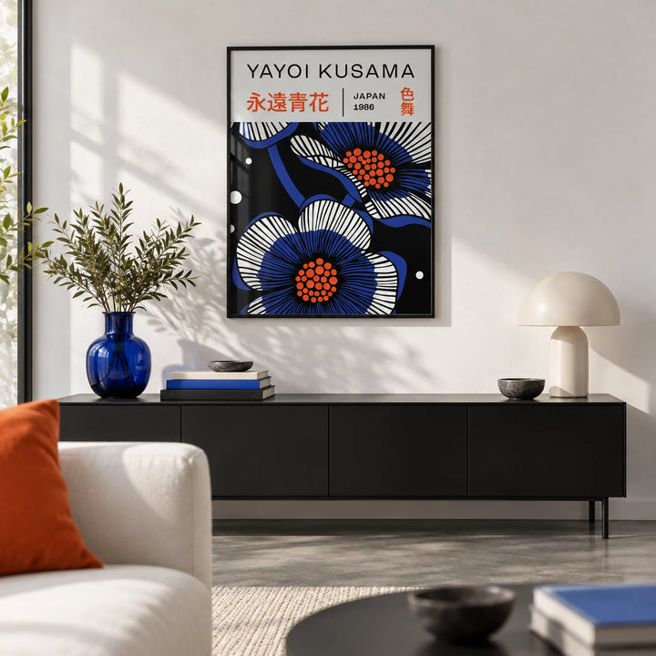 Blue Flower Poster, framed on the wall of a crisp design-led city flat living room with a white wall and a polished concrete floor