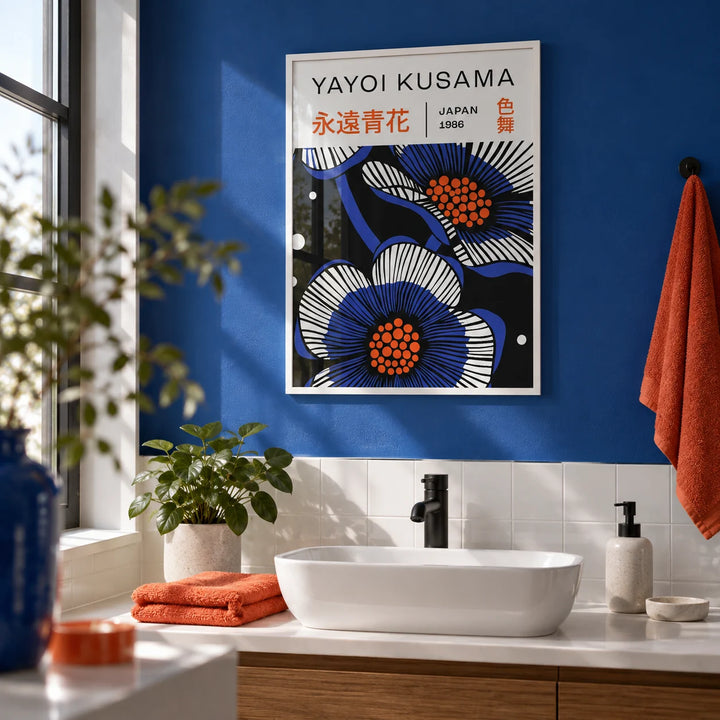 Blue Flower Poster, framed on the wall of a crisp modern bathroom with a cobalt blue painted wall and plain white tiles