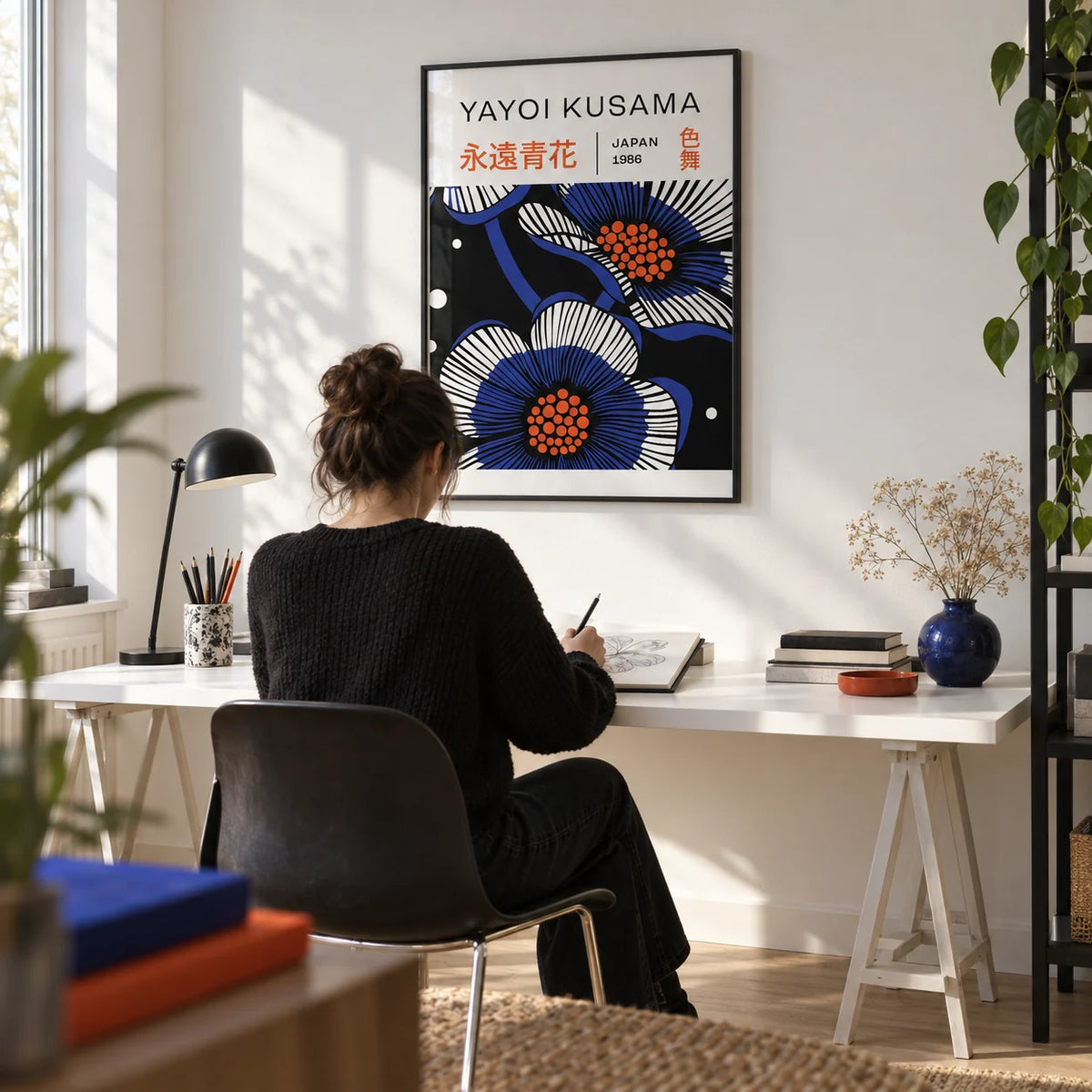 Blue Flower Poster, framed on the wall of a modern design studio with a white wall and a pale oak floor in a home office