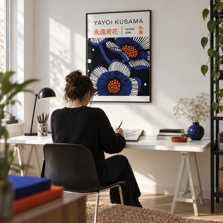 Blue Flower Poster, framed on the wall of a modern design studio with a white wall and a pale oak floor in a home office