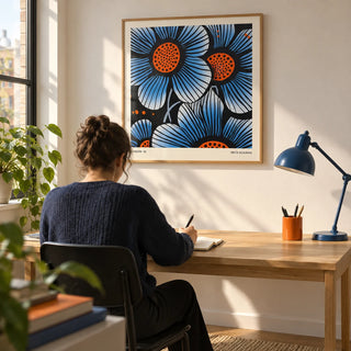 Blue Flower Wall Art, framed on the wall of a bright home study in a young professional's flat with a warm white wall