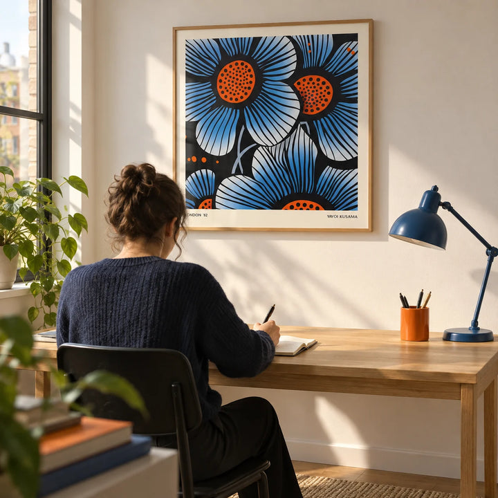 Blue Flower Wall Art, framed on the wall of a bright home study in a young professional's flat with a warm white wall