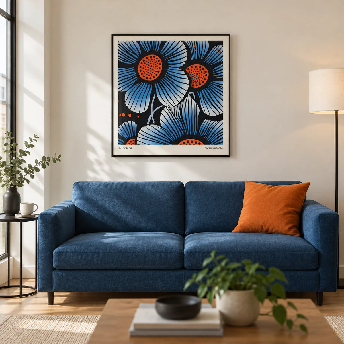 Blue Flower Wall Art, framed on the wall of a modern living room in a UK city flat with an ivory wall and an oak floor