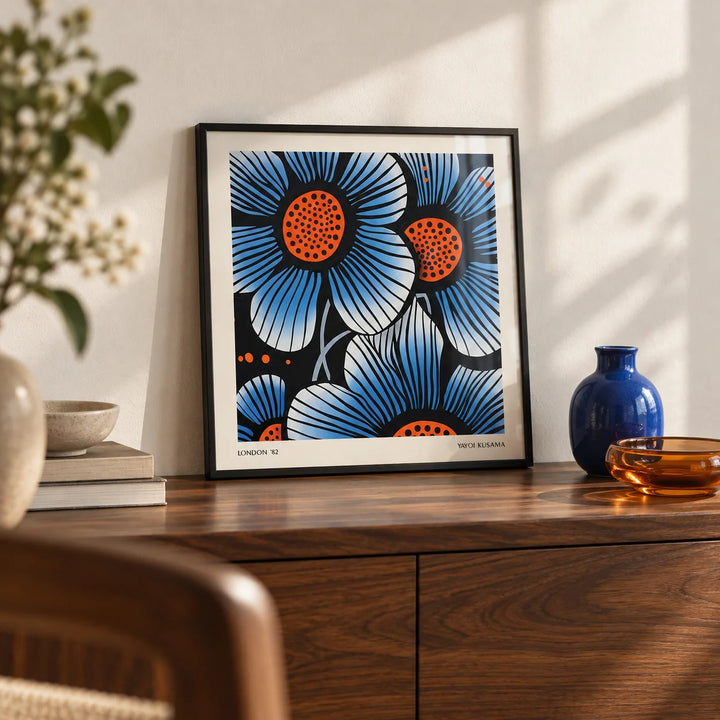 Blue Flower Wall Art, a small A4 framed print leaning on a walnut side table in a hallway