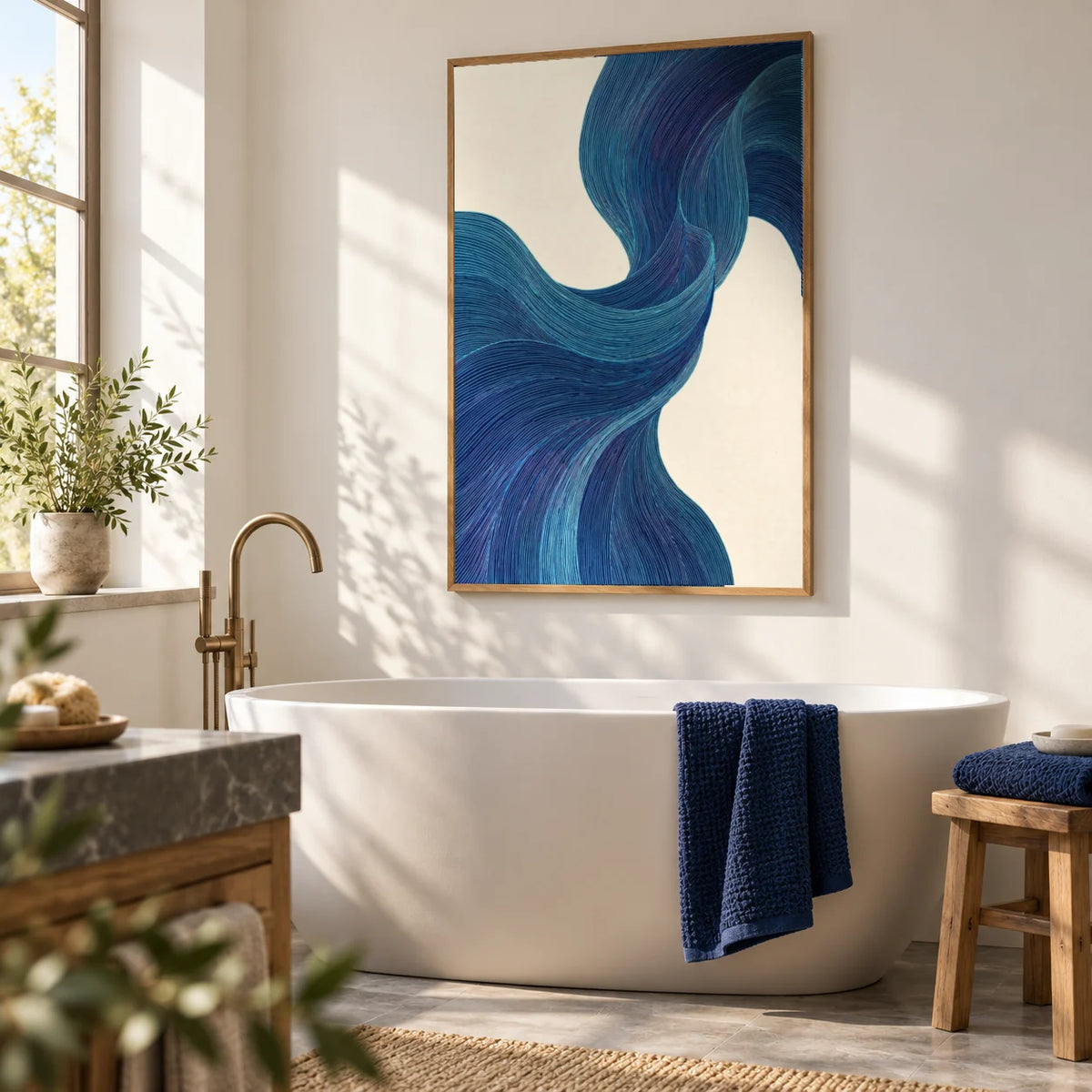 Blue Flowing Wall Art, framed on the wall of a calm bright bathroom