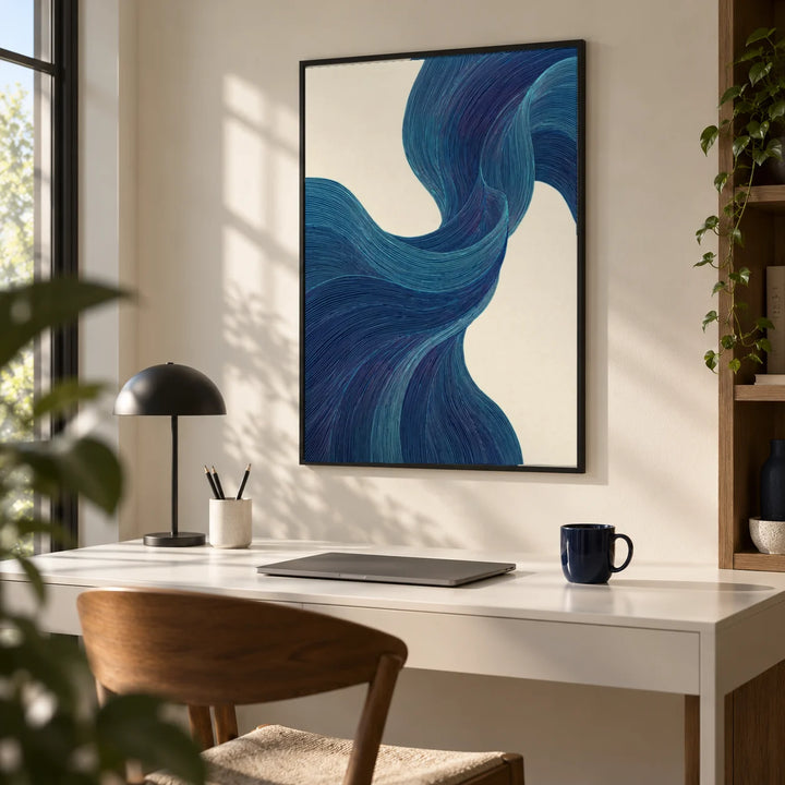 Blue Flowing Wall Art, framed on the wall of a minimal home office