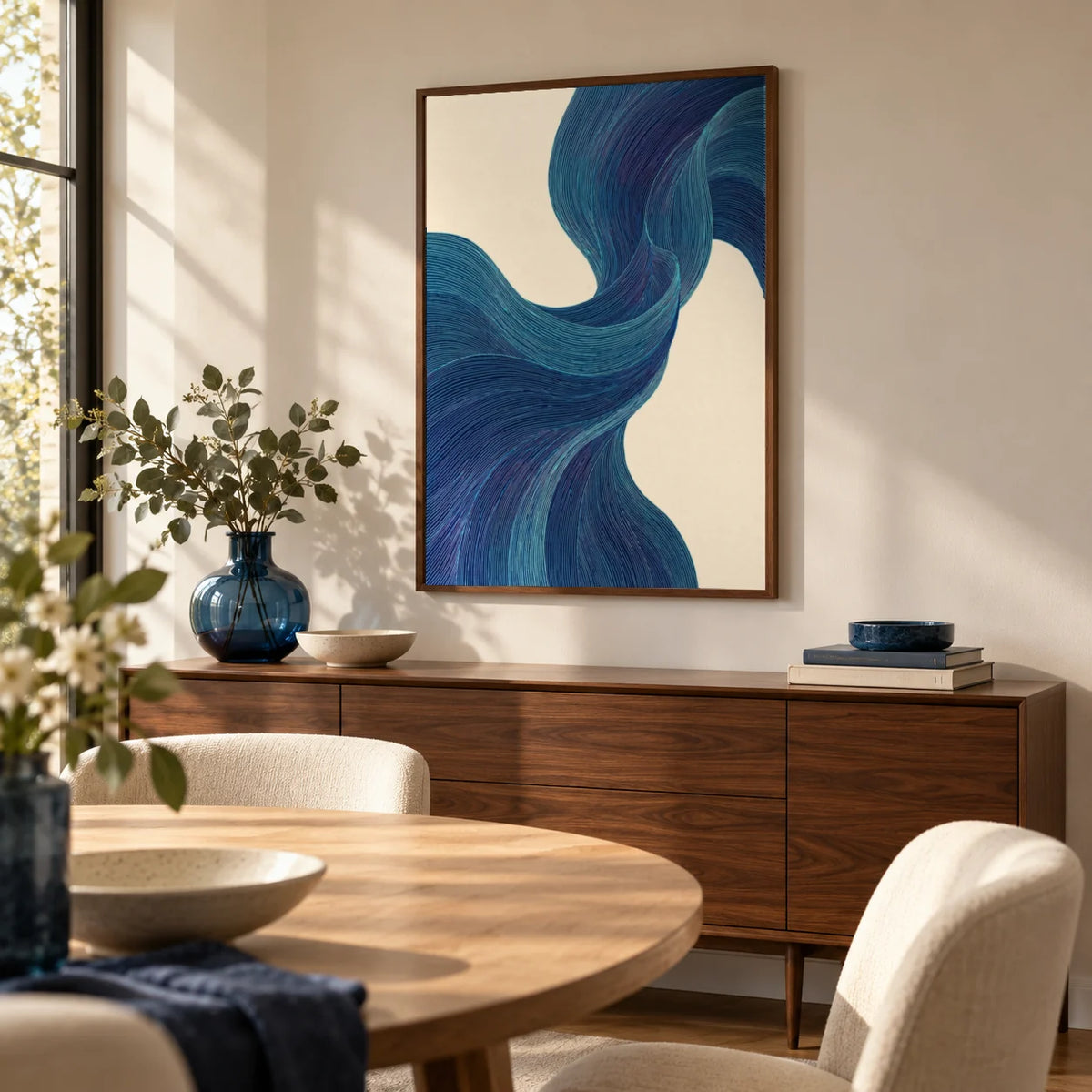 Blue Flowing Wall Art, framed on the wall of a modern dining room