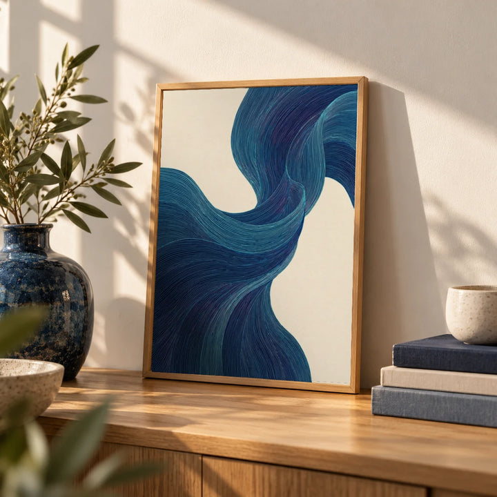Blue Flowing Wall Art, a small A4 framed print leaning on an oak shelf in a living room