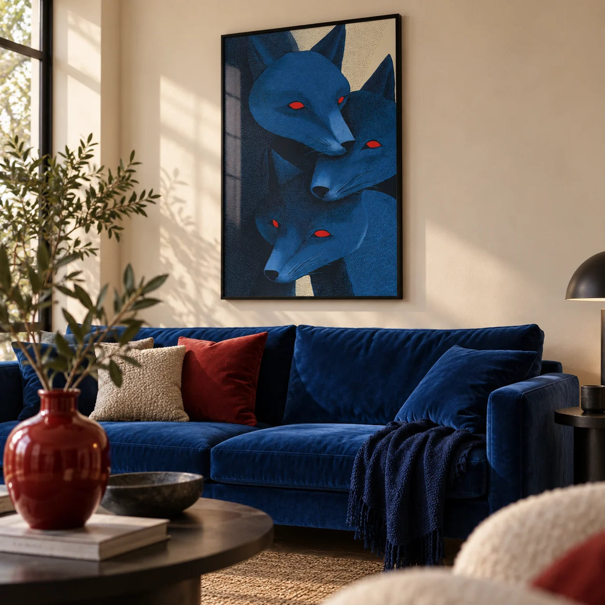 Blue Fox Prints, framed on the wall of a modern living room with a warm cream wall
