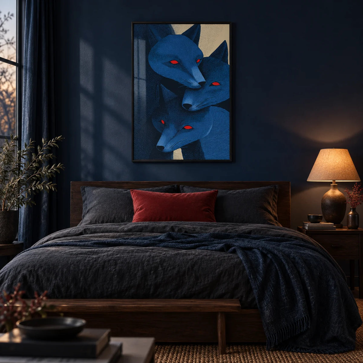 Blue Fox Prints, framed on the wall of a moody bedroom with a deep navy painted wall
