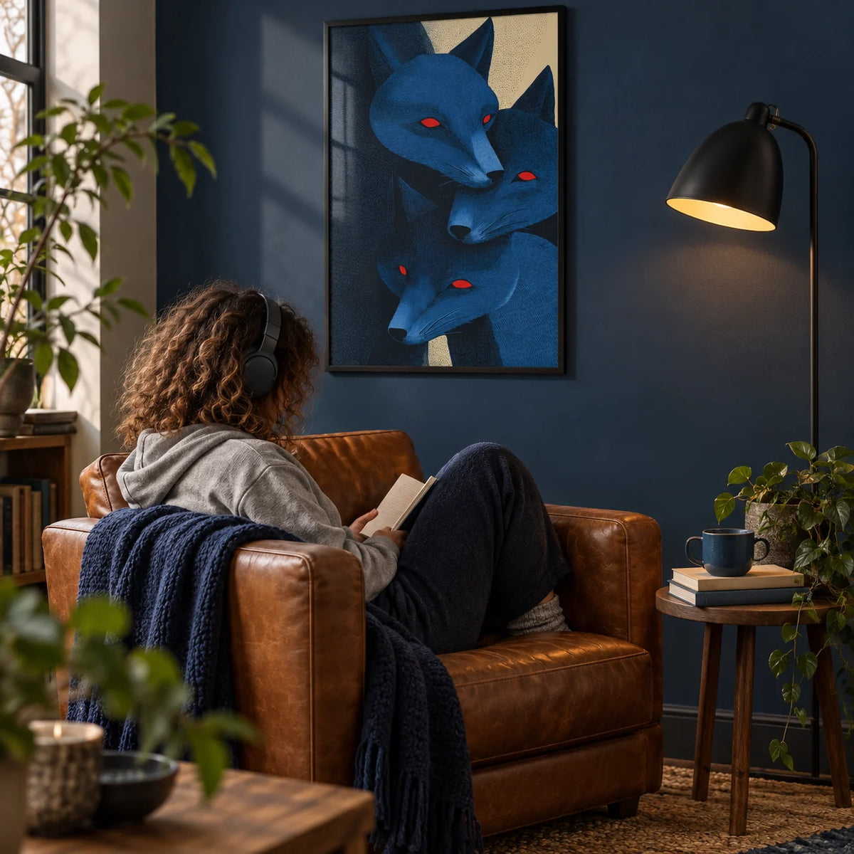 Blue Fox Prints, framed on the wall of a reading corner with a deep blue wall in a living room