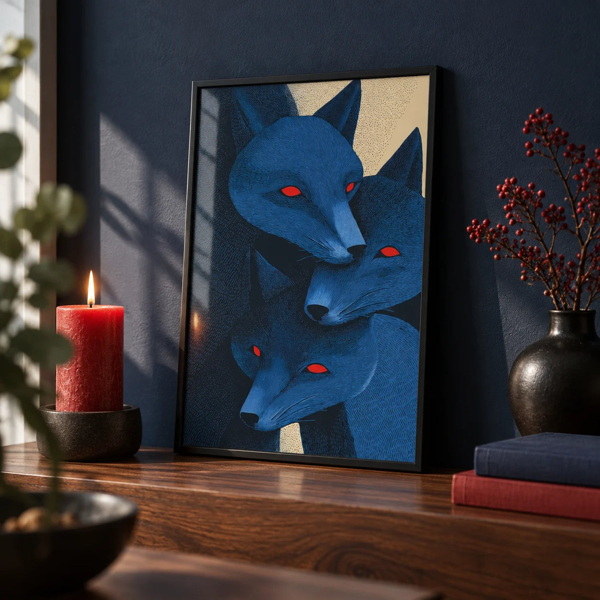 Blue Fox Prints, a small A4 framed print leaning on a walnut shelf in a living room