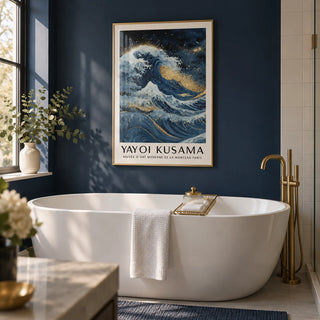 Blue Gold Wall Decor, framed on the wall of a calm bathroom with a navy painted wall and plain white tiles