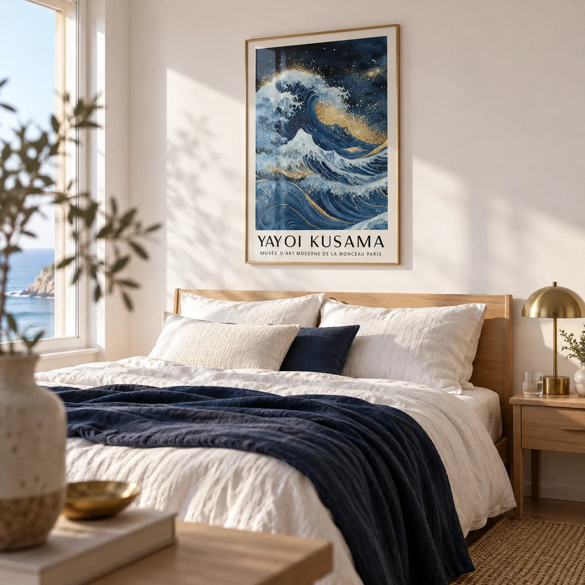 Blue Gold Wall Decor, framed on the wall of a calm coastal bedroom with a soft white wall