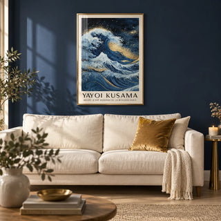 Blue Gold Wall Decor, framed on the wall of a calm living room with a deep navy painted wall and a pale oak floor