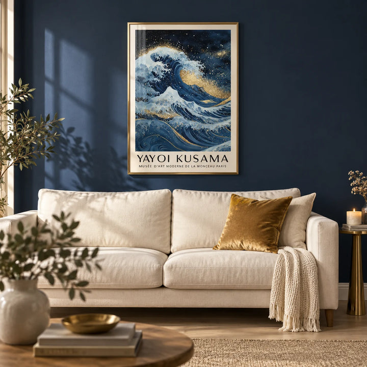 Blue Gold Wall Decor, framed on the wall of a calm living room with a deep navy painted wall and a pale oak floor